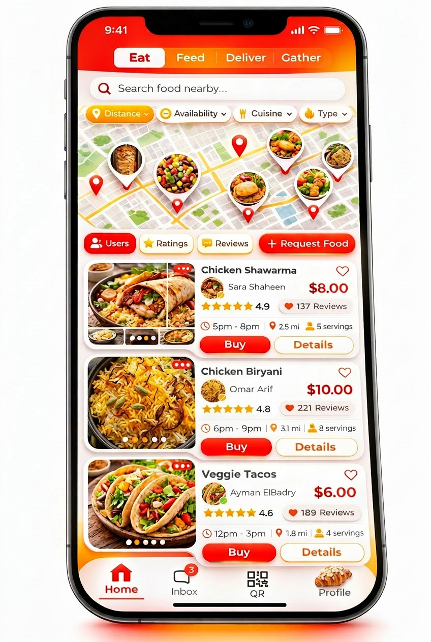 Feed Thy Neighbor Eat screen — browse home-cooked meals near you