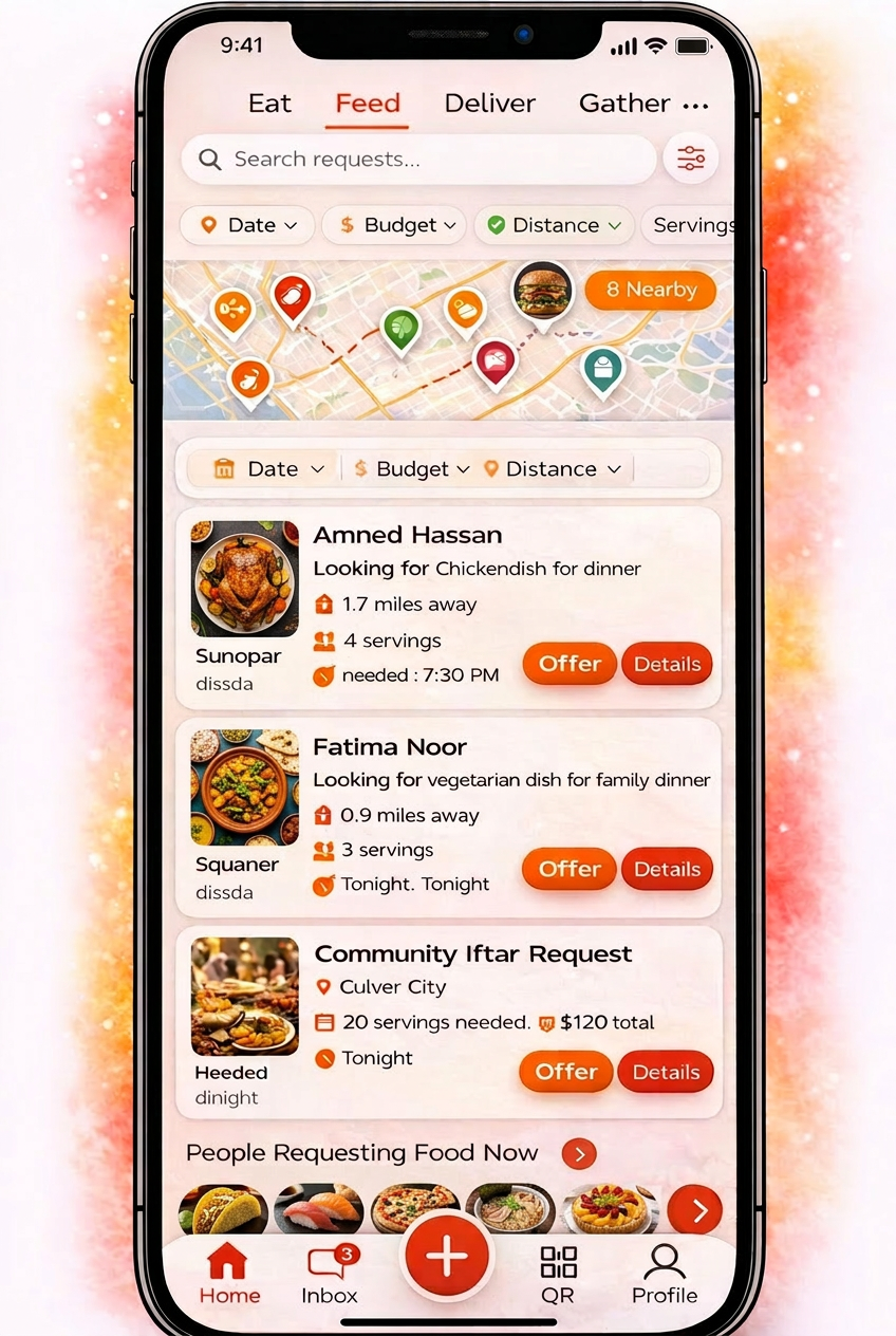 Feed Thy Neighbor Feed screen — post and sell home-cooked meals