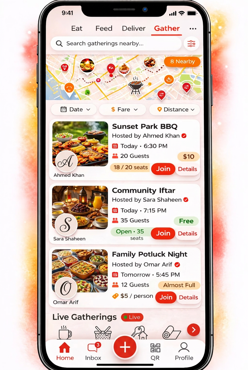 Feed Thy Neighbor Gather screen — host and join local food events